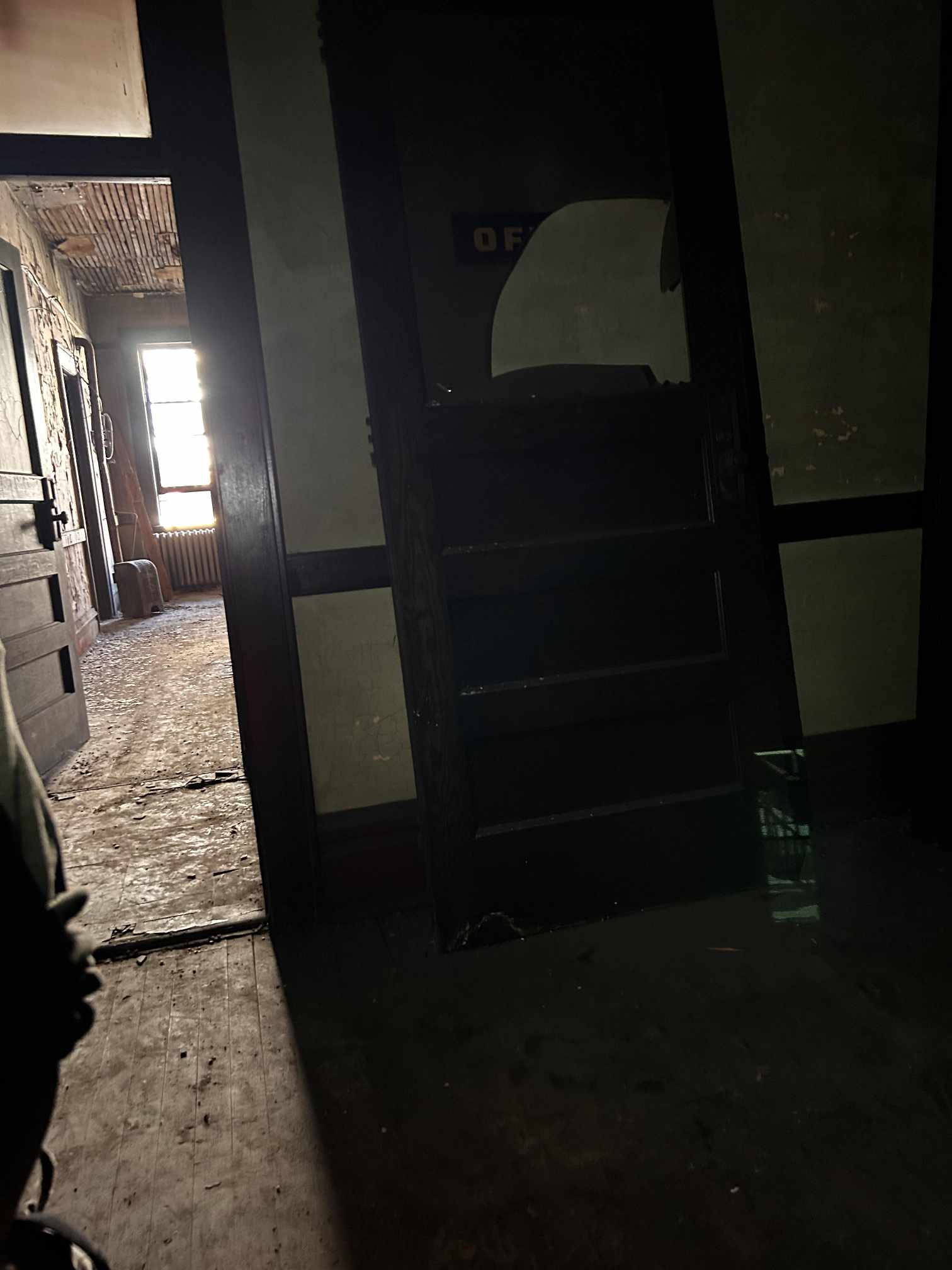 It's a photo of an old door in an abandoned storefront.