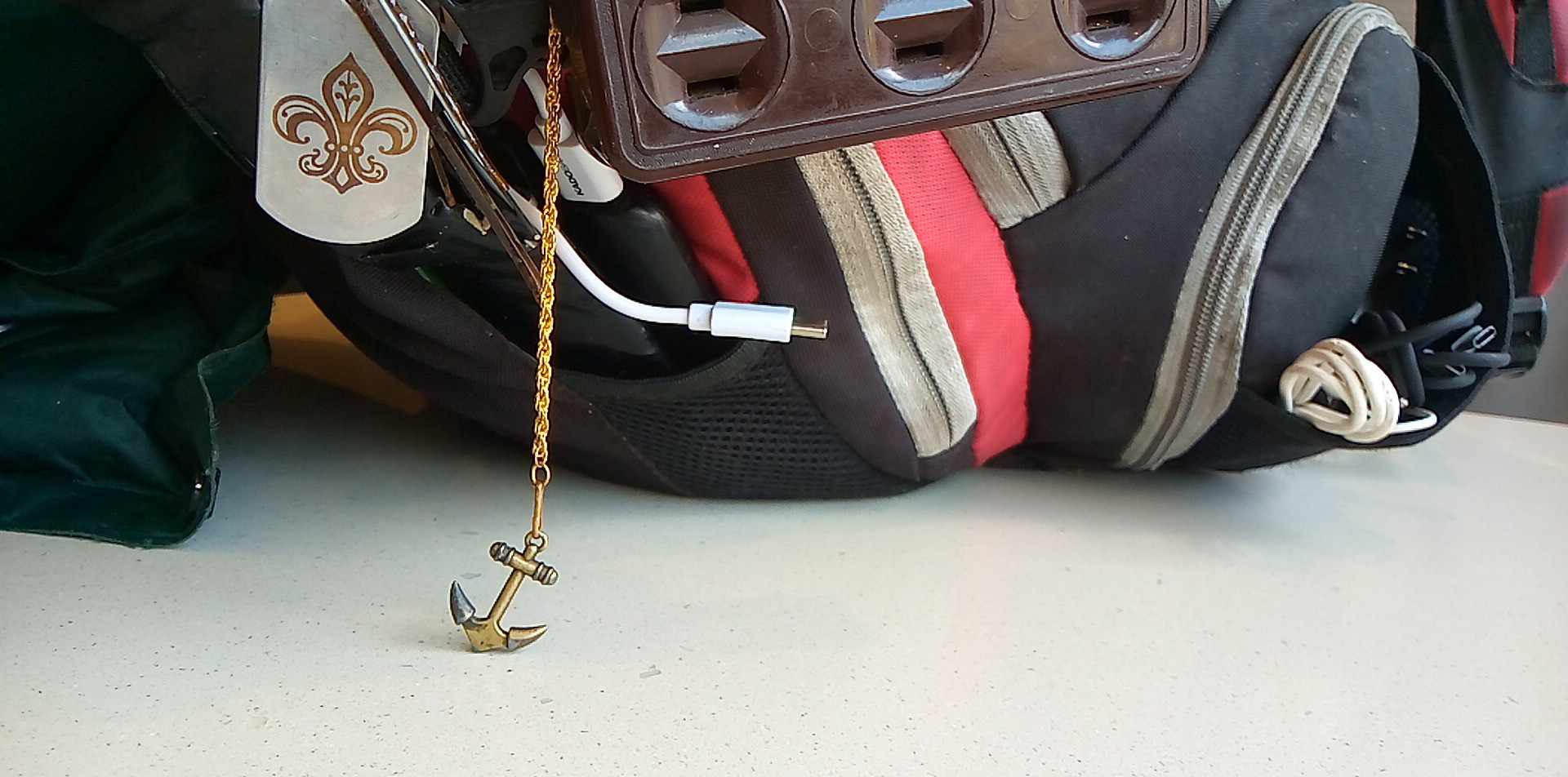 A close up of some of the trinkets on my travel bag.